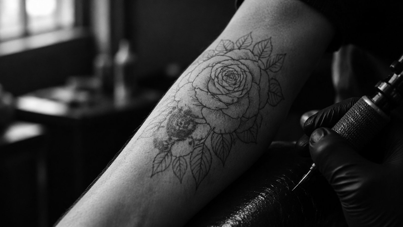 Illustration générée par IA : pochoir d’une rose tracé par-dessus un ancien tatouage sur l’avant-bras, noir et blanc