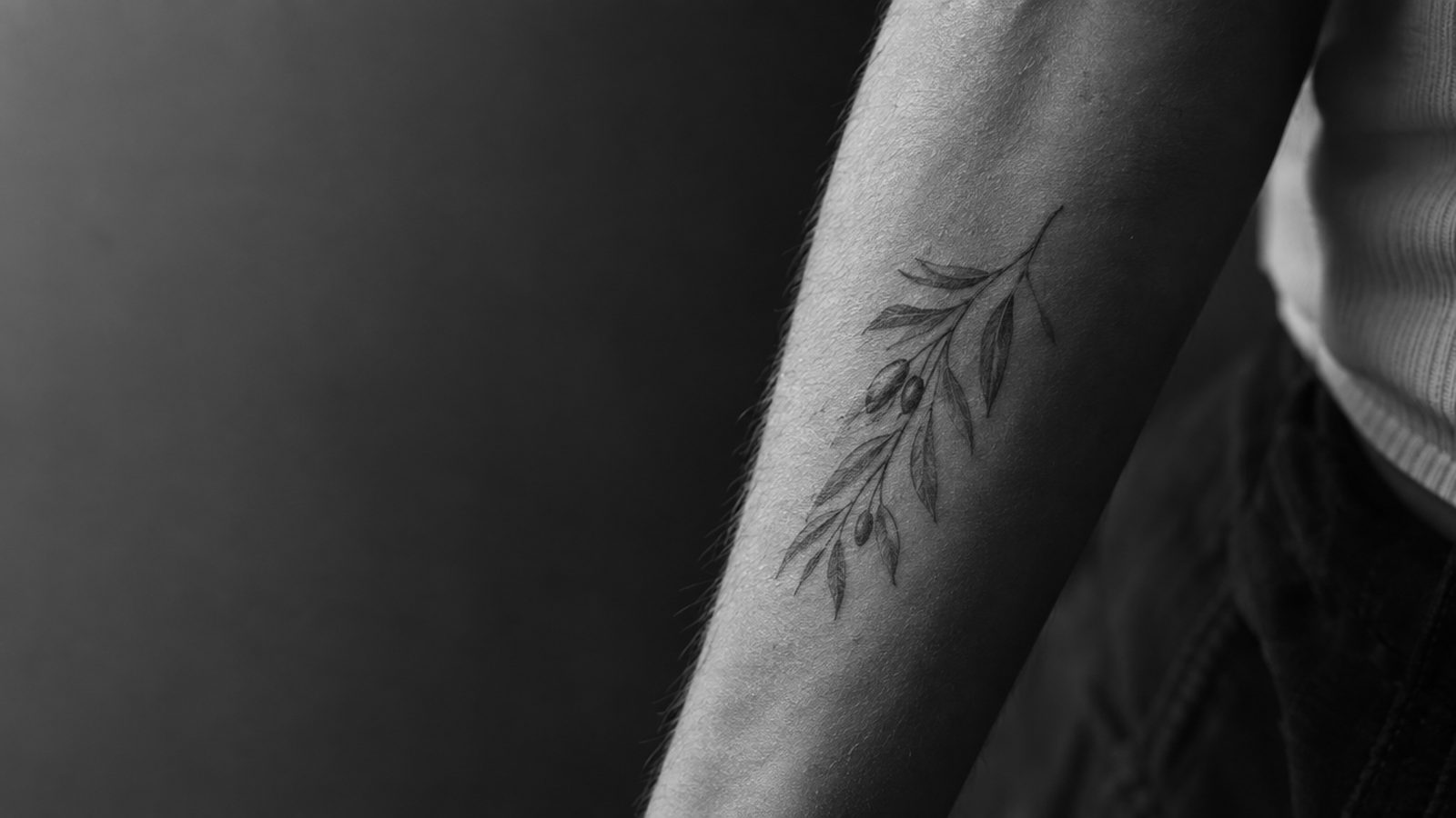 Illustration générée par IA : tatouage fine line d’une branche d’olivier sur l’avant-bras, noir et blanc
