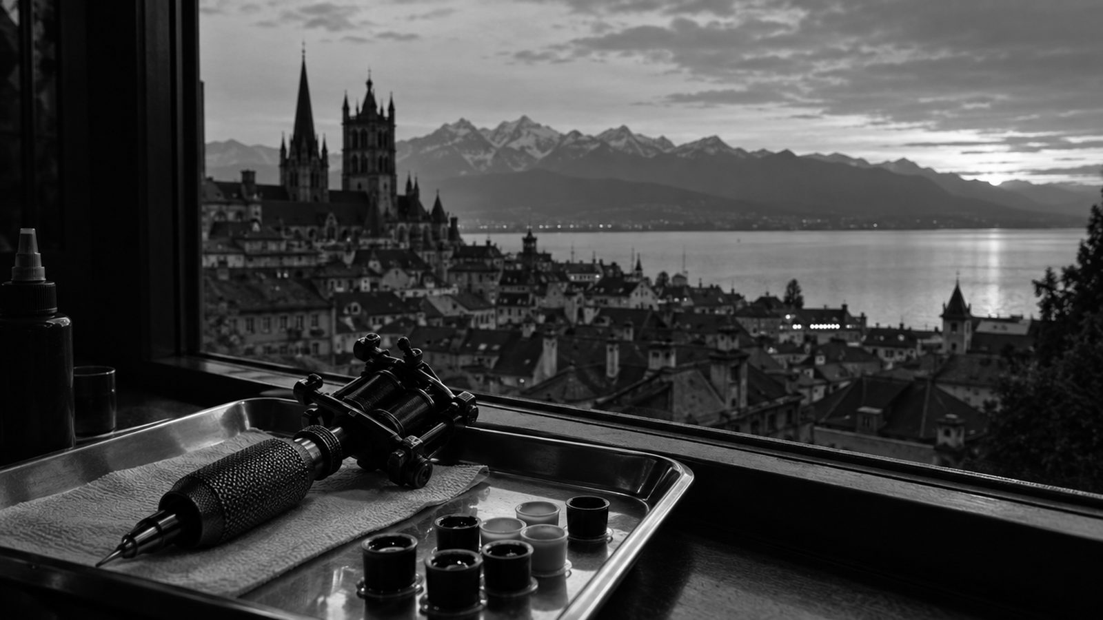 Ilustração gerada por IA: máquina de tatuagem diante da catedral de Lausanne e do lago Léman