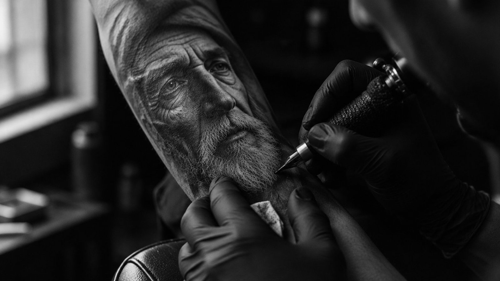 Illustration générée par IA : mains gantées d’un tatoueur ombrant un portrait réaliste noir et gris sur un avant-bras