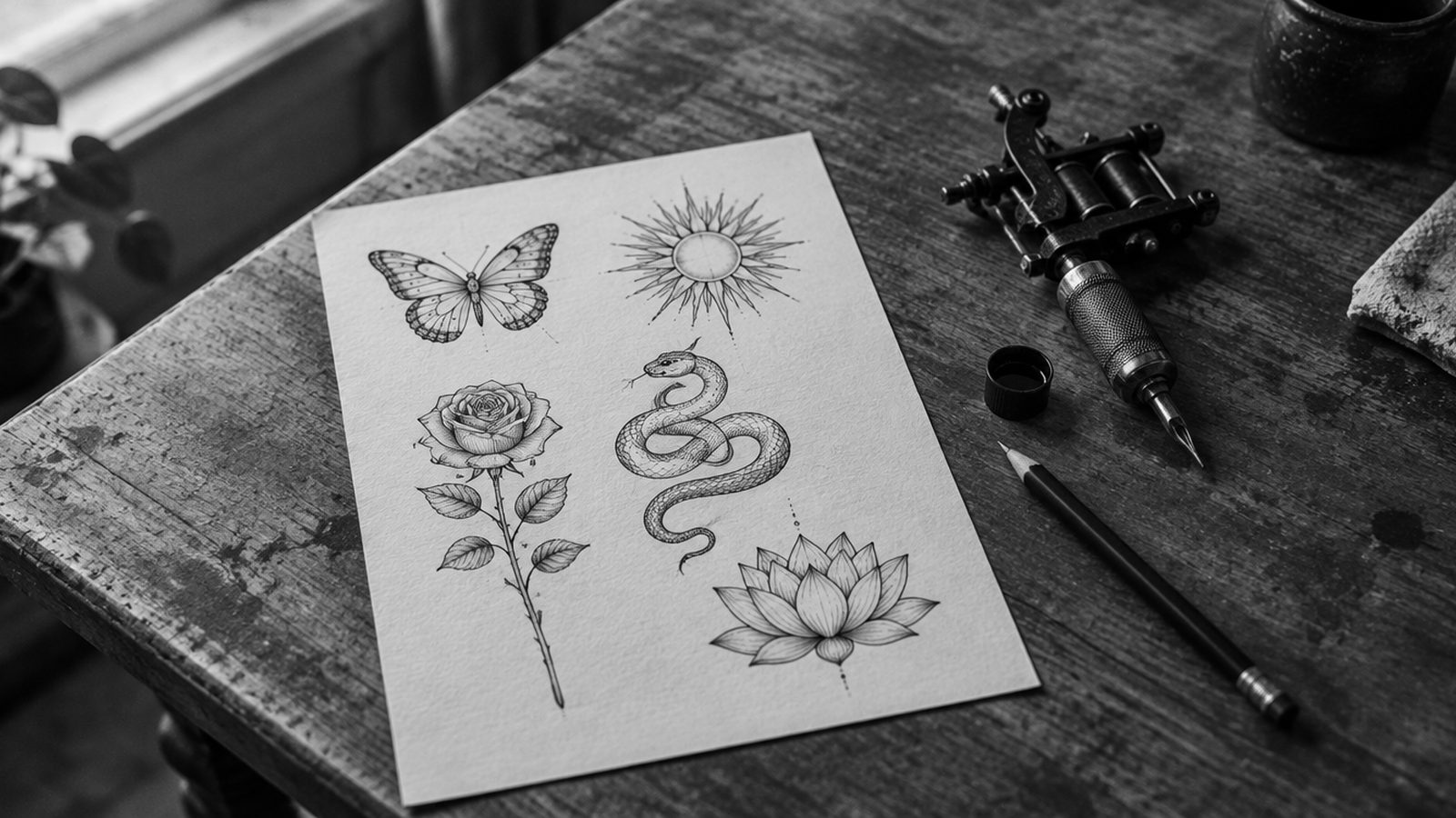 Illustration générée par IA : planche de dessins fine line — papillon, soleil, rose, serpent, lotus — sur la table d’un tatoueur, noir et blanc