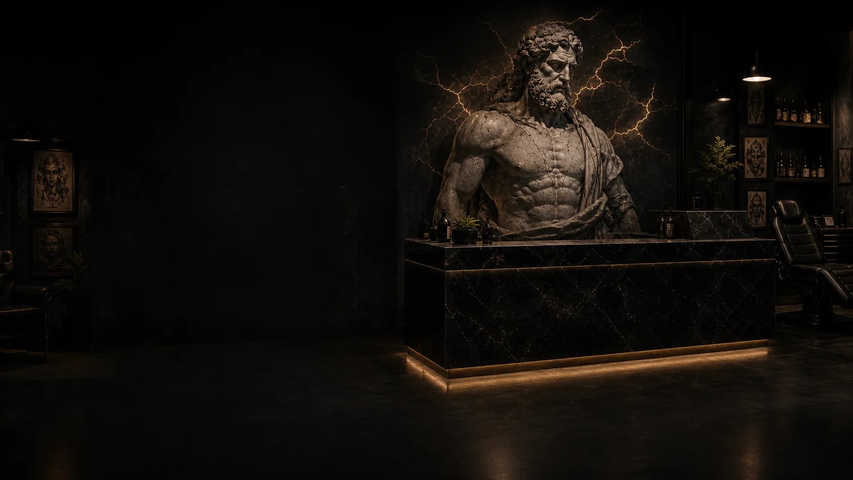 Studio de tatouage premium avec une sculpture de Zeus