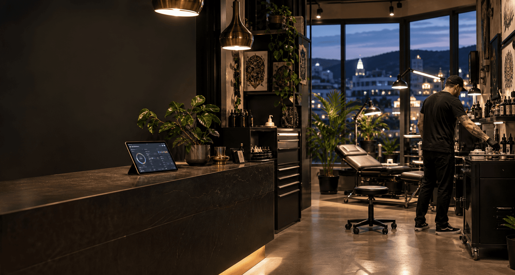 Studio de tatouage le soir : comptoir d’accueil avec une tablette, fauteuil de tatouage et tatoueur qui prépare son poste