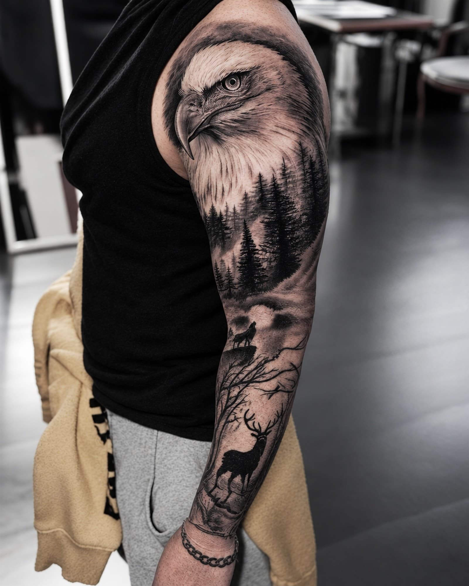 Bras complet réaliste noir et gris : aigle, forêt de sapins, loup et cerf, par Kako Tattoo à Genève