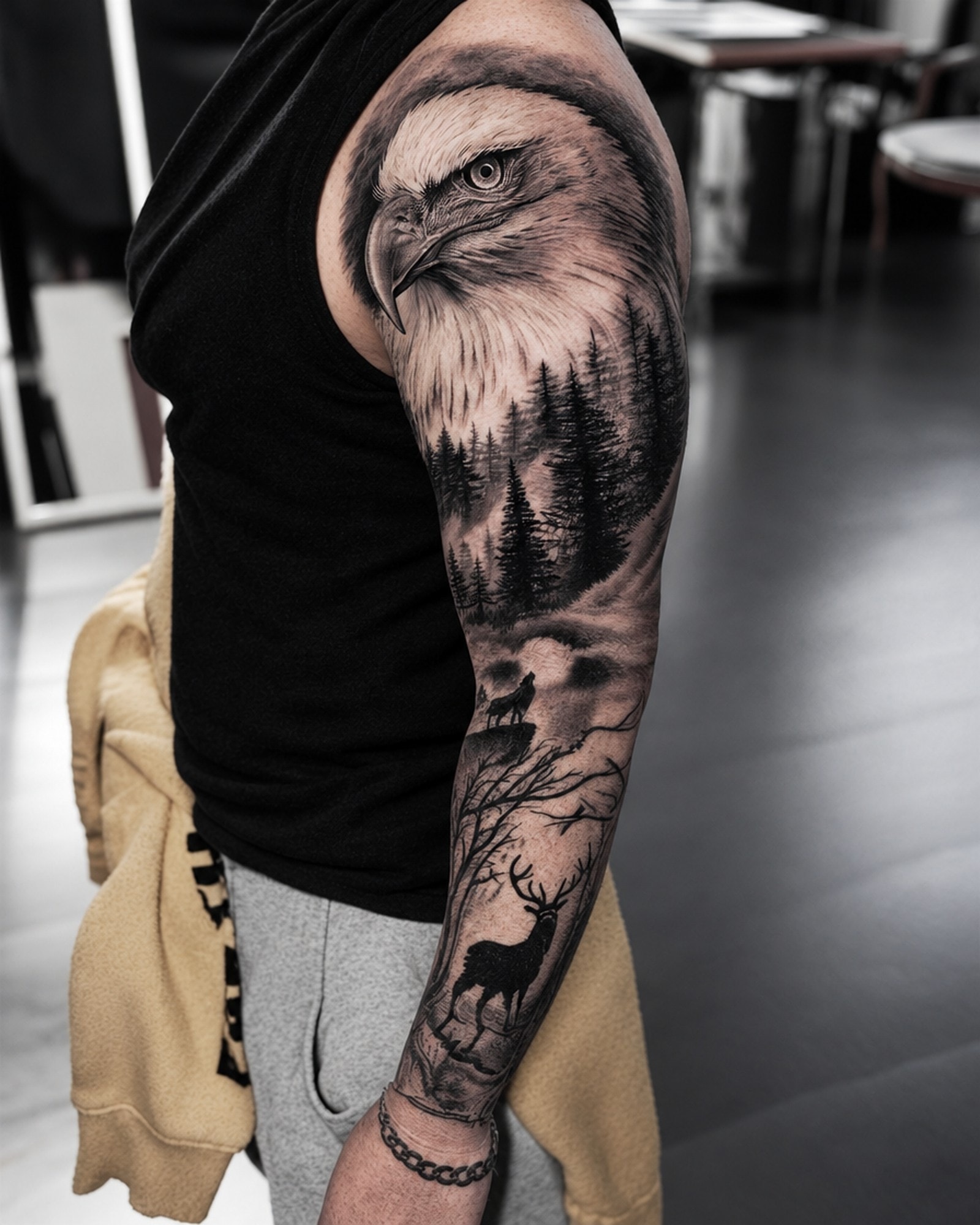 Bras complet réaliste noir et gris : aigle, forêt de sapins, loup et cerf, par Kako Tattoo à Genève