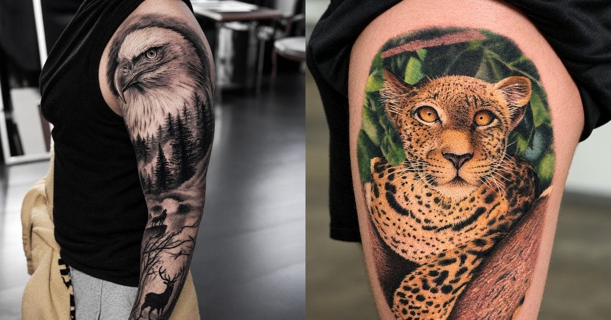 Bras complet réaliste noir et gris (aigle, forêt, loup et cerf) et léopard en couleur, tatouages de Kako Tattoo à Genève