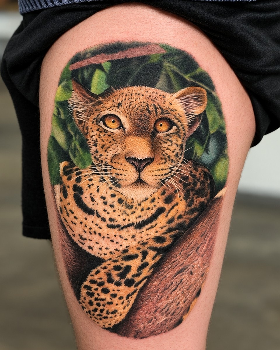 Léopard en réalisme couleur sur la cuisse, par Kako Tattoo