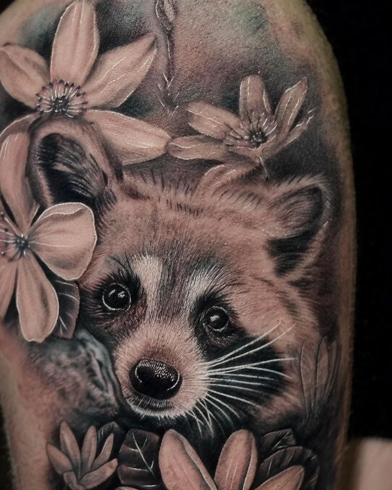 Raton laveur et fleurs en réalisme noir et gris sur la cuisse, par Kako Tattoo à Genève