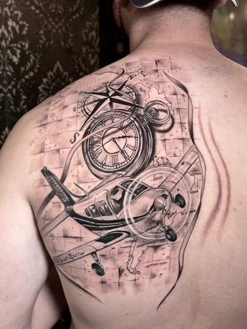 Avion, boussole et montre en noir et gris sur le dos, par Kako Tattoo à Genève